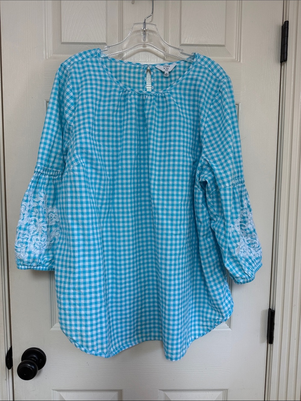 crown & ivy Turquoise Gingham Embroidered Sleeve Blouse